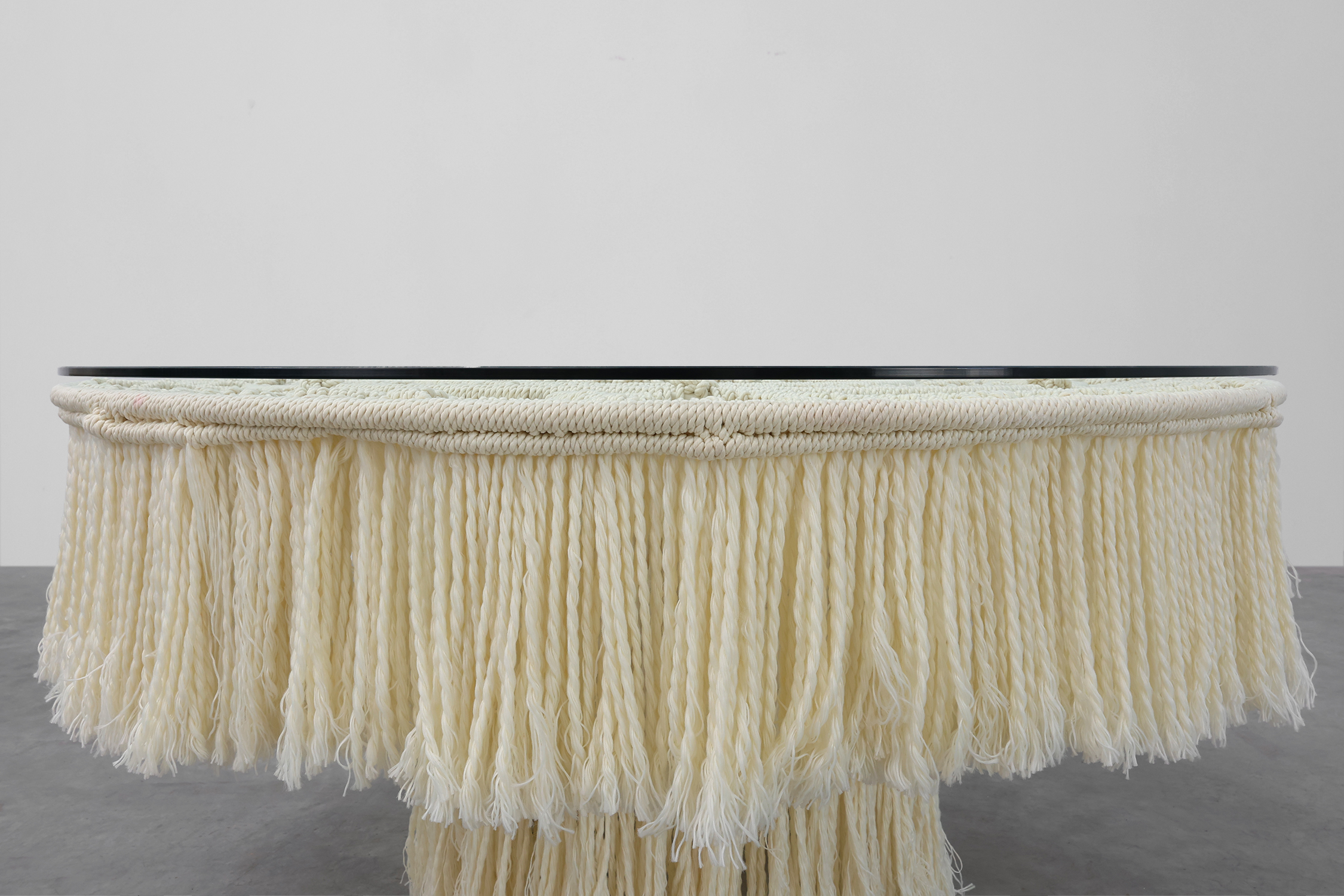 Monumental white dining table with glass top and macram&eacute; in Hollywood regency style, Italy 20th century thumbnail